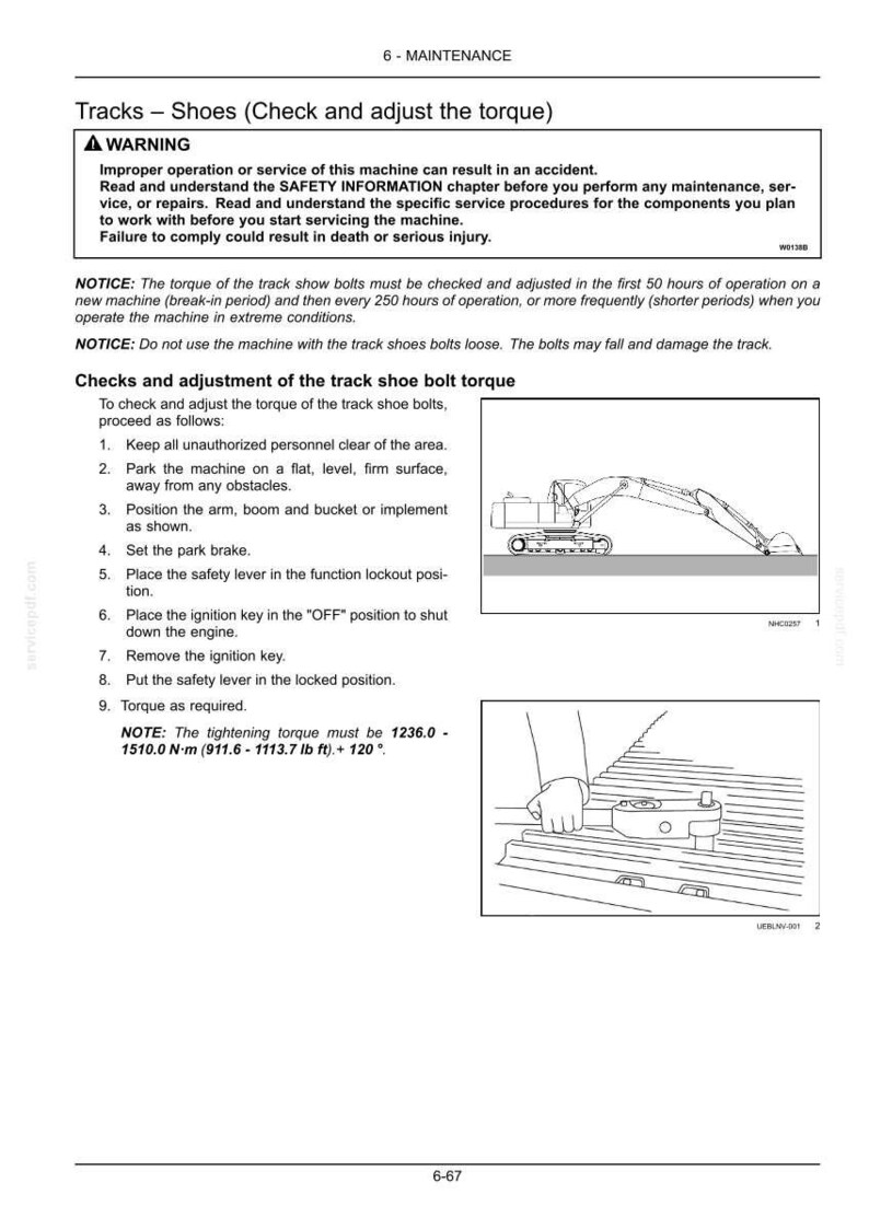 May include: A page from a maintenance manual detailing track shoe bolt torque checks. The text includes safety warnings, instructions, and a diagram of an excavator. The tightening torque is specified as 1236.0 - 1510.0 N-m (911.6 - 1113.7 lb ft). + 120&deg;.
