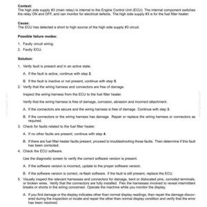 May include: A diagnostic document detailing fault codes for electrical systems, specifically focusing on engine controller issues. The text includes troubleshooting steps for a short circuit to the fuel filter heater, with instructions for verifying faults and checking software.