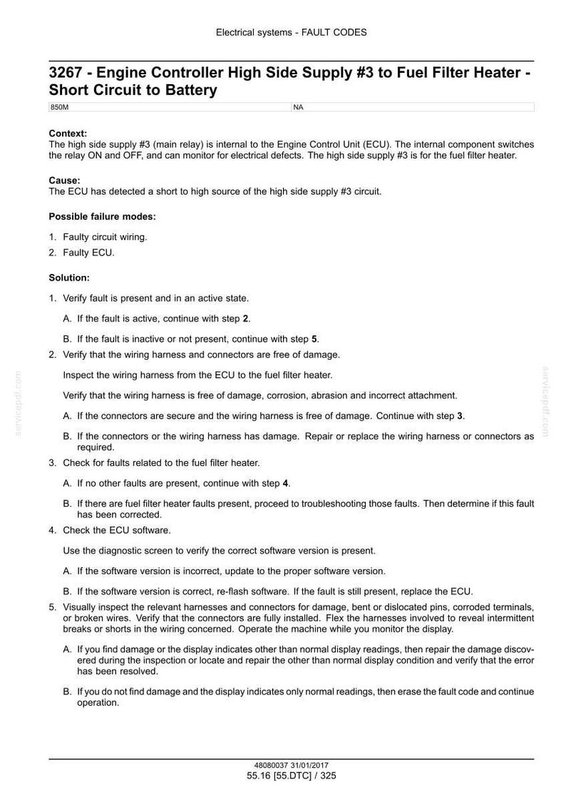 May include: A diagnostic document detailing fault codes for electrical systems, specifically focusing on engine controller issues. The text includes troubleshooting steps for a short circuit to the fuel filter heater, with instructions for verifying faults and checking software.