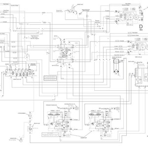 May include: A detailed engineering schematic diagram in black and white, featuring complex lines, symbols, and text. The diagram includes labels and measurements, with a table detailing hose lengths. The text reads "GUARDIAN SPRAYER SP-45F HYDRAULIC SCHEMATIC".