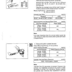 May include: A technical document page titled ENGINE ASSEMBLY (2) detailing piston grade selection and measurement procedures. It includes diagrams of cylinder bore and piston diameter measurements with tables listing specifications in mm and inches.