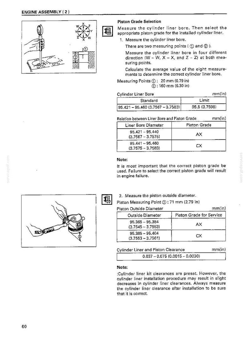 May include: A technical document page titled ENGINE ASSEMBLY (2) detailing piston grade selection and measurement procedures. It includes diagrams of cylinder bore and piston diameter measurements with tables listing specifications in mm and inches.