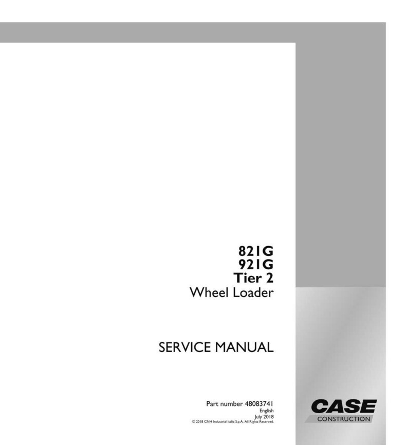 May include: A white service manual for a wheel loader. The manual includes the text "821G 921G Tier 2 Wheel Loader SERVICE MANUAL". The Case Construction logo is in the bottom right corner. Part number 48083741.