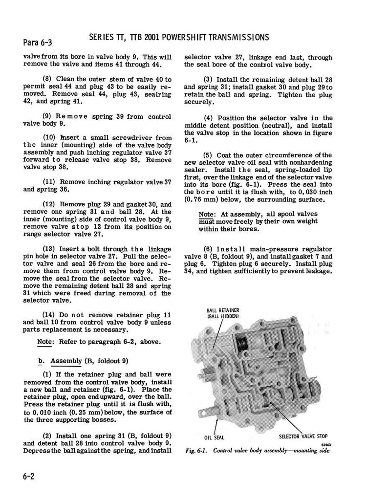 May include: A page from a manual titled "SERIES TT, TTB 2001 POWERSHIFT TRANSMISSIONS." The text details steps for valve body assembly, including installing seals, springs, and plugs. An illustration of the control valve body assembly is shown.
