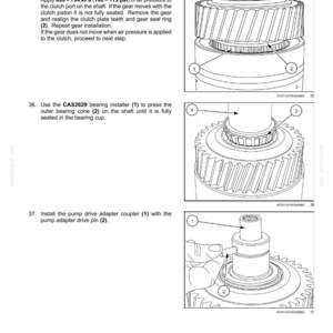 May include: Diagram of transmission components with labels. Step 35 shows aligning splines of a clutch gear. Step 36 shows pressing an outer bearing cone. Step 37 shows installing a pump drive adapter coupler. Text includes pressure measurements in psi.