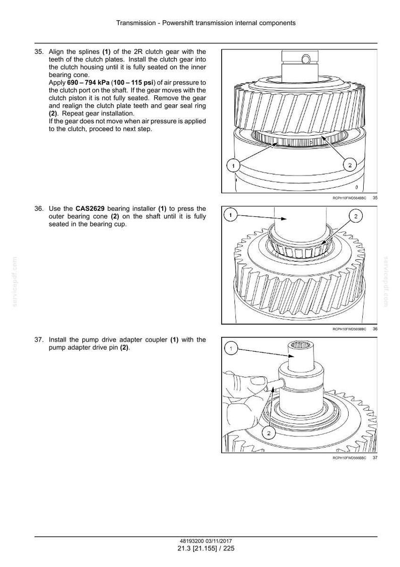 May include: Diagram of transmission components with labels. Step 35 shows aligning splines of a clutch gear. Step 36 shows pressing an outer bearing cone. Step 37 shows installing a pump drive adapter coupler. Text includes pressure measurements in psi.