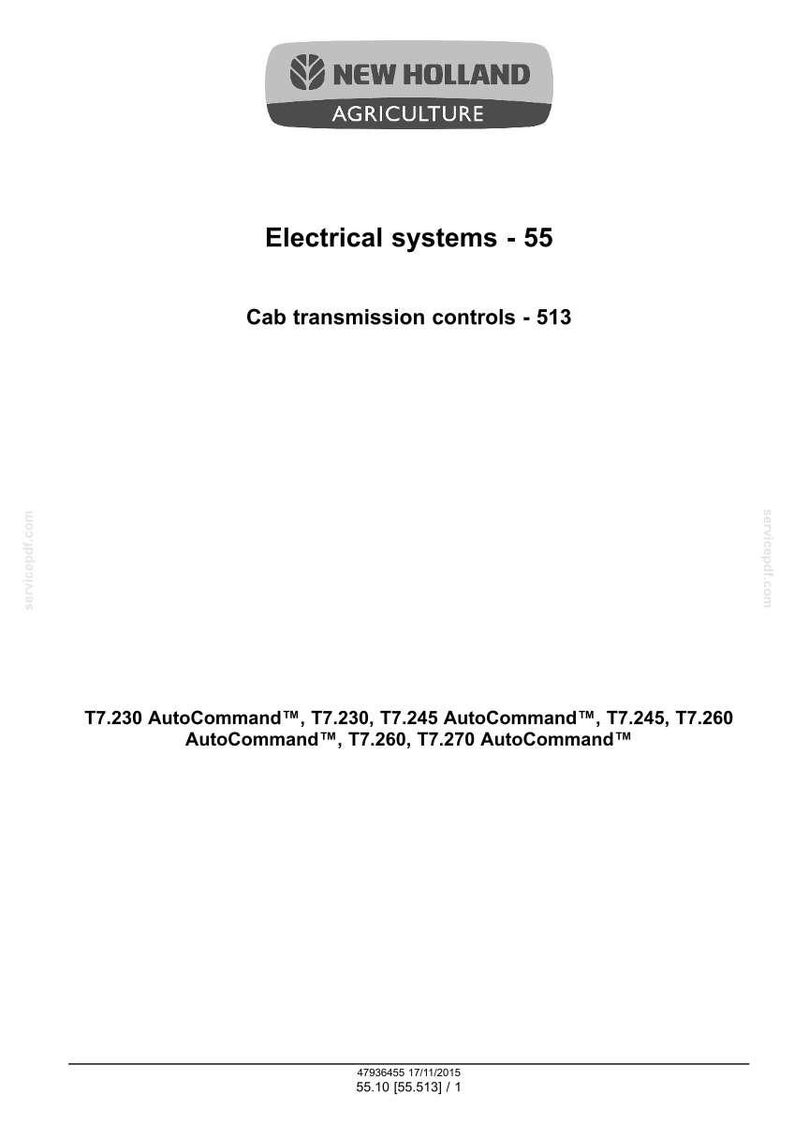 May include: A white document with the New Holland Agriculture logo at the top. Text includes "Electrical systems - 55" and "Cab transmission controls - 513". Also lists AutoCommand models.