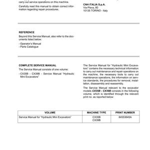 May include: A white document with black text providing technical information for hydraulic mini excavators. The document includes the text "Service Manual" and "CX35B CX39B". Contact information for CNH ITALIA S.p.A. is also present.