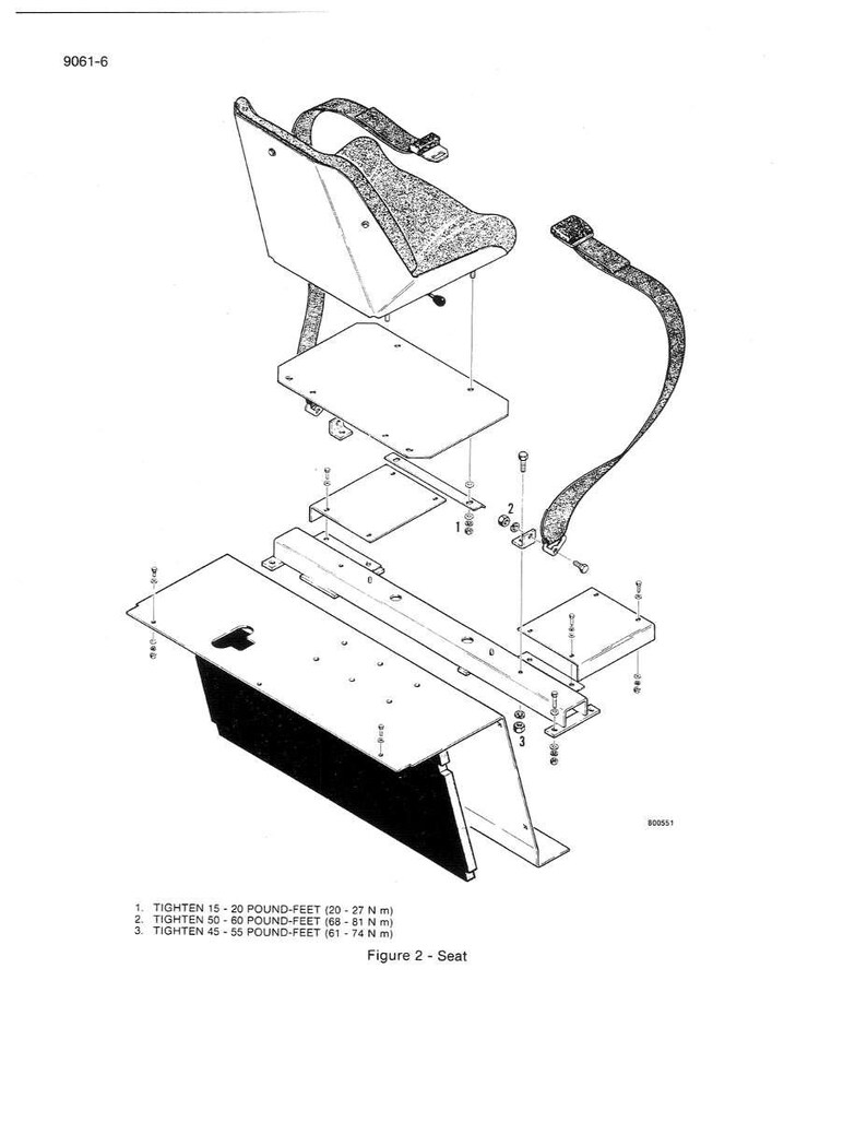 May include: An exploded diagram of a seat assembly, featuring a seat back, base, and various components. The image includes a seat belt, mounting hardware, and text indicating tightening torque in pound-feet and Newton-meters. The text reads "Figure 2 - Seat."