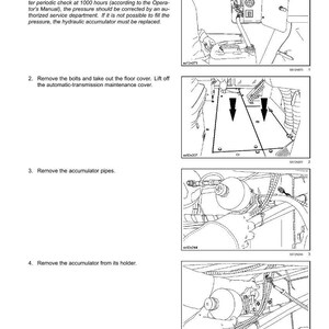 Op de afbeelding: Diagram met de verwijdering van een hydraulische accumulator. De afbeelding bevat stapsgewijze instructies met diagrammen, waaronder het aftappen van olie, het verwijderen van bouten en leidingen. Tekst bevat drukspecificaties.