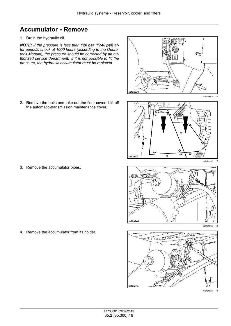 Op de afbeelding: Diagram met de verwijdering van een hydraulische accumulator. De afbeelding bevat stapsgewijze instructies met diagrammen, waaronder het aftappen van olie, het verwijderen van bouten en leidingen. Tekst bevat drukspecificaties.