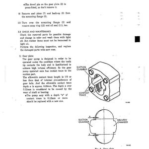K&ouml;nnte beinhalten: Eine technische Dokumentenseite mit dem Titel Fig. 6 Gear plate, die eine schwarz-wei&szlig;e Strichzeichnung einer Zahnradpumpenkomponente mit Beschriftungen f&uuml;r Suction Chamber, Contact Trace und Delivery Chamber sowie Wartungstext enth&auml;lt.