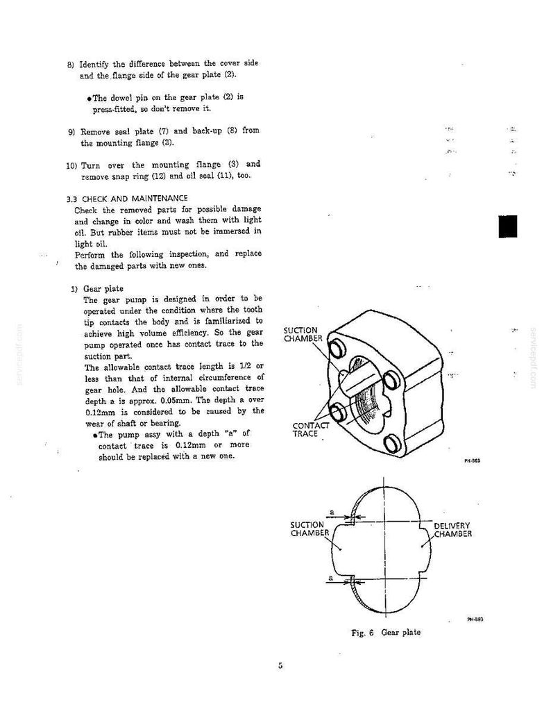 K&ouml;nnte beinhalten: Eine technische Dokumentenseite mit dem Titel Fig. 6 Gear plate, die eine schwarz-wei&szlig;e Strichzeichnung einer Zahnradpumpenkomponente mit Beschriftungen f&uuml;r Suction Chamber, Contact Trace und Delivery Chamber sowie Wartungstext enth&auml;lt.
