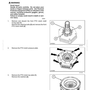 May include: A technical manual page titled Transmission, Drive and PTO Out - Front PTO Hydraulic, detailing clutch disassembly steps. It includes a warning section and three numbered diagrams showing mechanical components with numbered labels.
