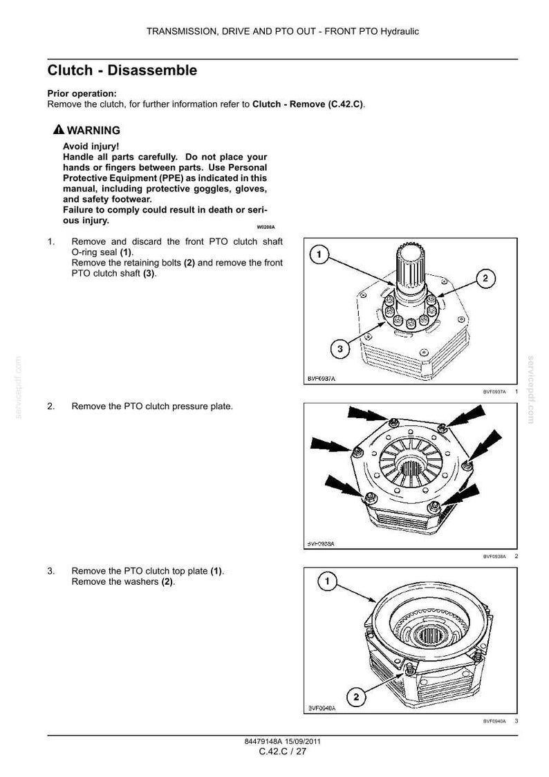 May include: A technical manual page titled Transmission, Drive and PTO Out - Front PTO Hydraulic, detailing clutch disassembly steps. It includes a warning section and three numbered diagrams showing mechanical components with numbered labels.
