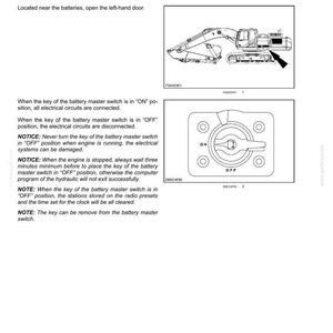 Puede incluir: Diagrama de un interruptor de bater&iacute;a con posiciones "ON" y "OFF", parte de un panel de control. La imagen incluye un diagrama de un veh&iacute;culo de construcci&oacute;n y texto que explica su funci&oacute;n y uso.