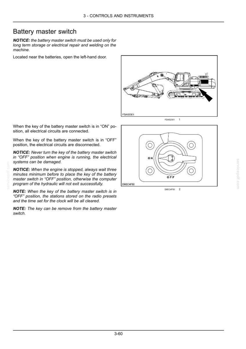 Puede incluir: Diagrama de un interruptor de bater&iacute;a con posiciones "ON" y "OFF", parte de un panel de control. La imagen incluye un diagrama de un veh&iacute;culo de construcci&oacute;n y texto que explica su funci&oacute;n y uso.