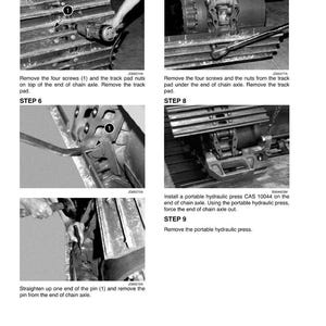 May include: A technical diagram with step-by-step instructions for machinery maintenance. The image shows close-up views of mechanical components, including screws, nuts, and a hydraulic press. Text labels indicate each step in the process.