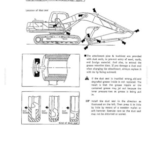 May include: A technical diagram titled REPLACING THE ATTACHMENT DUST SEAL showing an excavator with arrows pointing to pin locations. It includes cross-section illustrations of dust seal installation with text instructions and the page number 4-23.