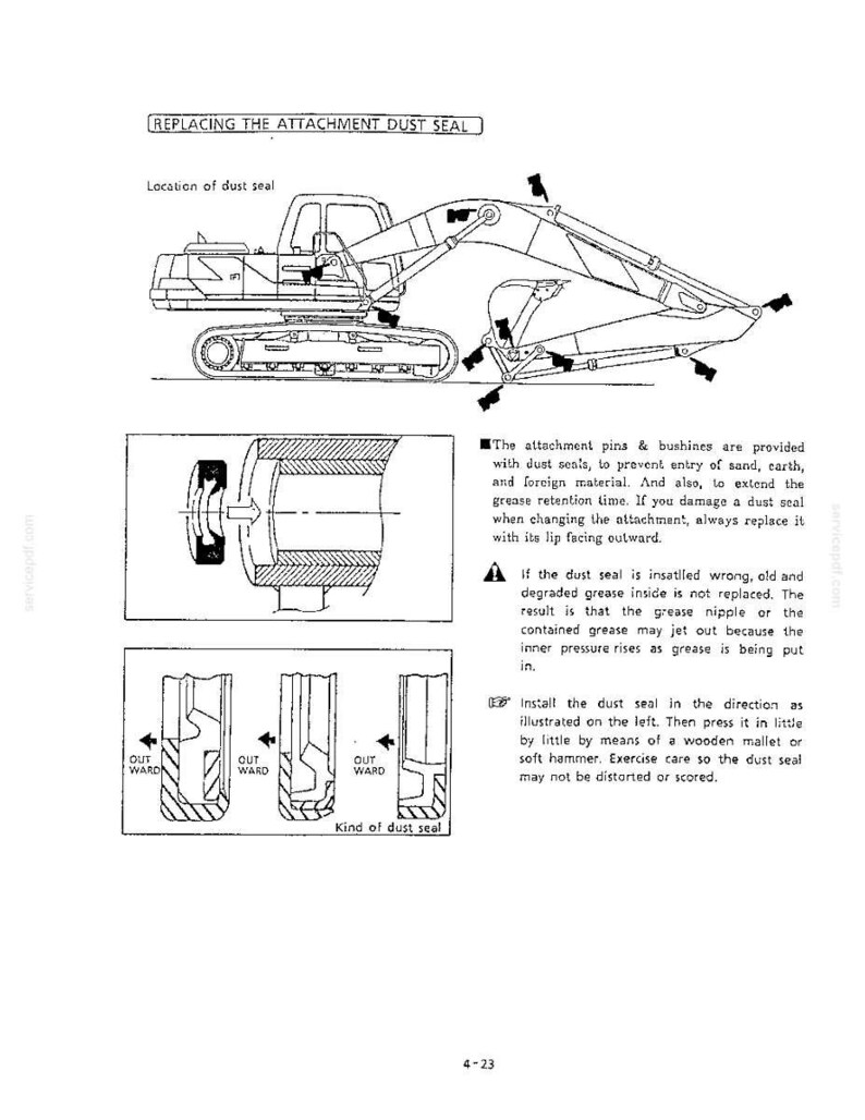 May include: A technical diagram titled REPLACING THE ATTACHMENT DUST SEAL showing an excavator with arrows pointing to pin locations. It includes cross-section illustrations of dust seal installation with text instructions and the page number 4-23.