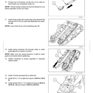 May include: Diagram of a corn header structure with numbered parts and assembly instructions. Includes illustrations of a chain tensioner, slide bolt assembly, chain guide, and sprocket. Text details steps for installation and torque specifications.