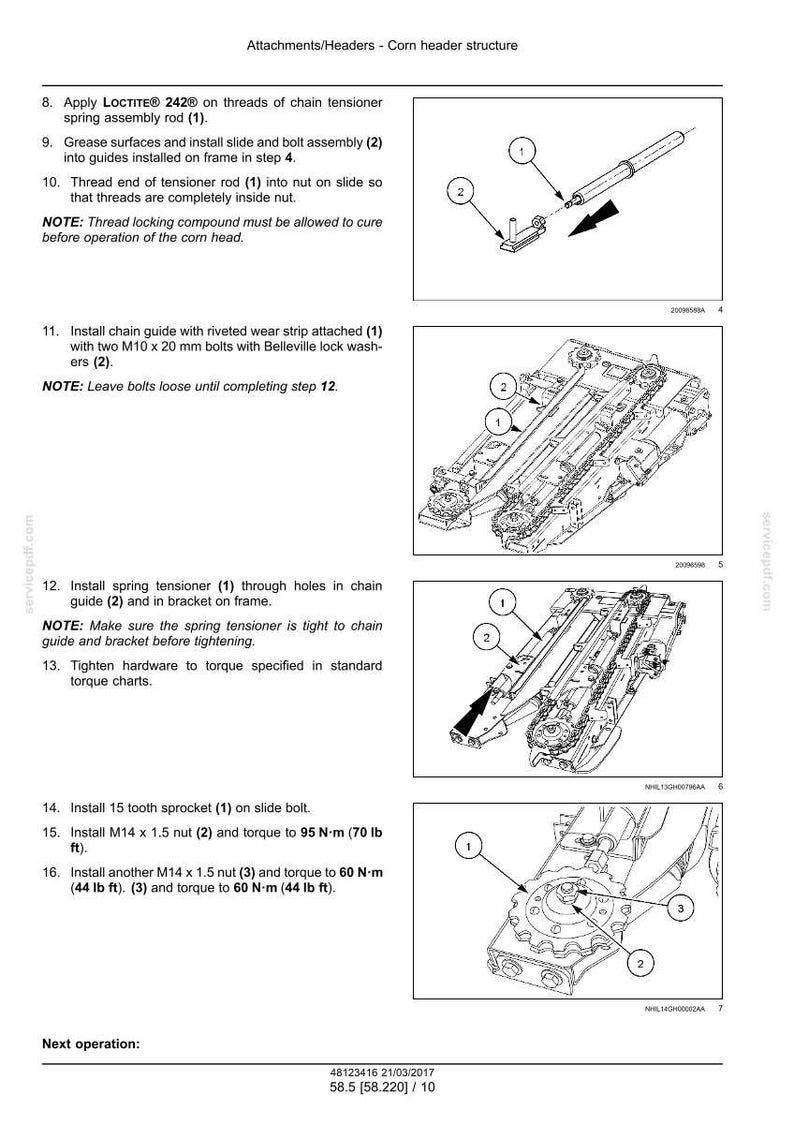 May include: Diagram of a corn header structure with numbered parts and assembly instructions. Includes illustrations of a chain tensioner, slide bolt assembly, chain guide, and sprocket. Text details steps for installation and torque specifications.