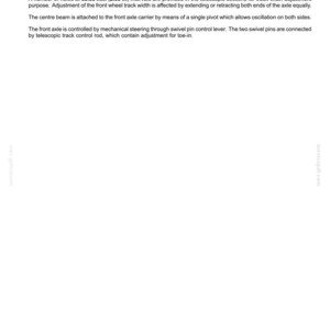 May include: Diagram of a non-powered front axle system, detailing its components and functionality. Includes text describing the adjustable U-type center beam, telescopic sections, and track width adjustment. Measurements are in inches and millimeters.