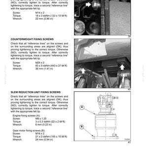 May include: Technical diagram from a manual detailing screw specifications for machinery. Includes torque values in lbf&middot;ft and wrench sizes in inches. Sections cover control valve, counterweight, and slew reduction unit fixing screws.