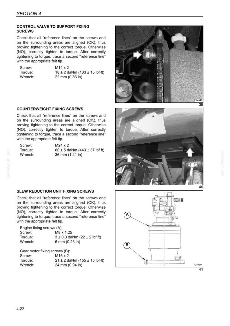 May include: Technical diagram from a manual detailing screw specifications for machinery. Includes torque values in lbf&middot;ft and wrench sizes in inches. Sections cover control valve, counterweight, and slew reduction unit fixing screws.
