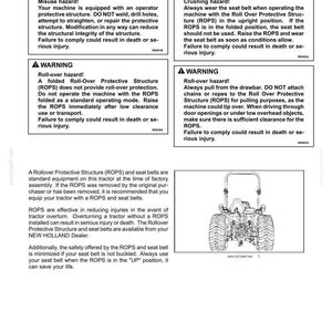 May include: A technical document page titled Roll Over Protection Structure (ROPS) featuring four warning boxes regarding misuse, crushing, and roll-over hazards. It includes a line drawing of a tractor with a ROPS frame and safety instructions.