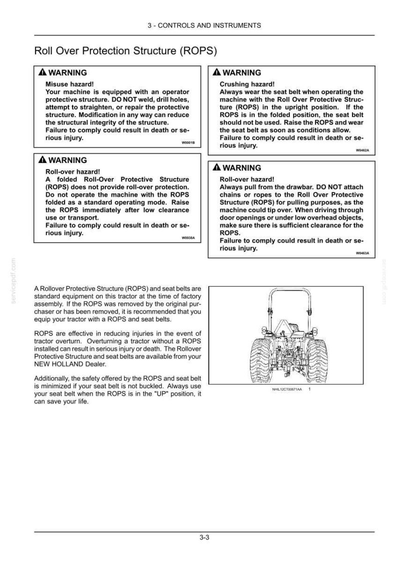May include: A technical document page titled Roll Over Protection Structure (ROPS) featuring four warning boxes regarding misuse, crushing, and roll-over hazards. It includes a line drawing of a tractor with a ROPS frame and safety instructions.