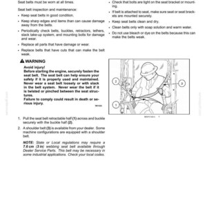 May include: A technical document page titled Seat belt precautions containing safety information, maintenance instructions, and a black and white line drawing illustration of a person wearing a seat belt with numbered parts 1, 2, and 3.