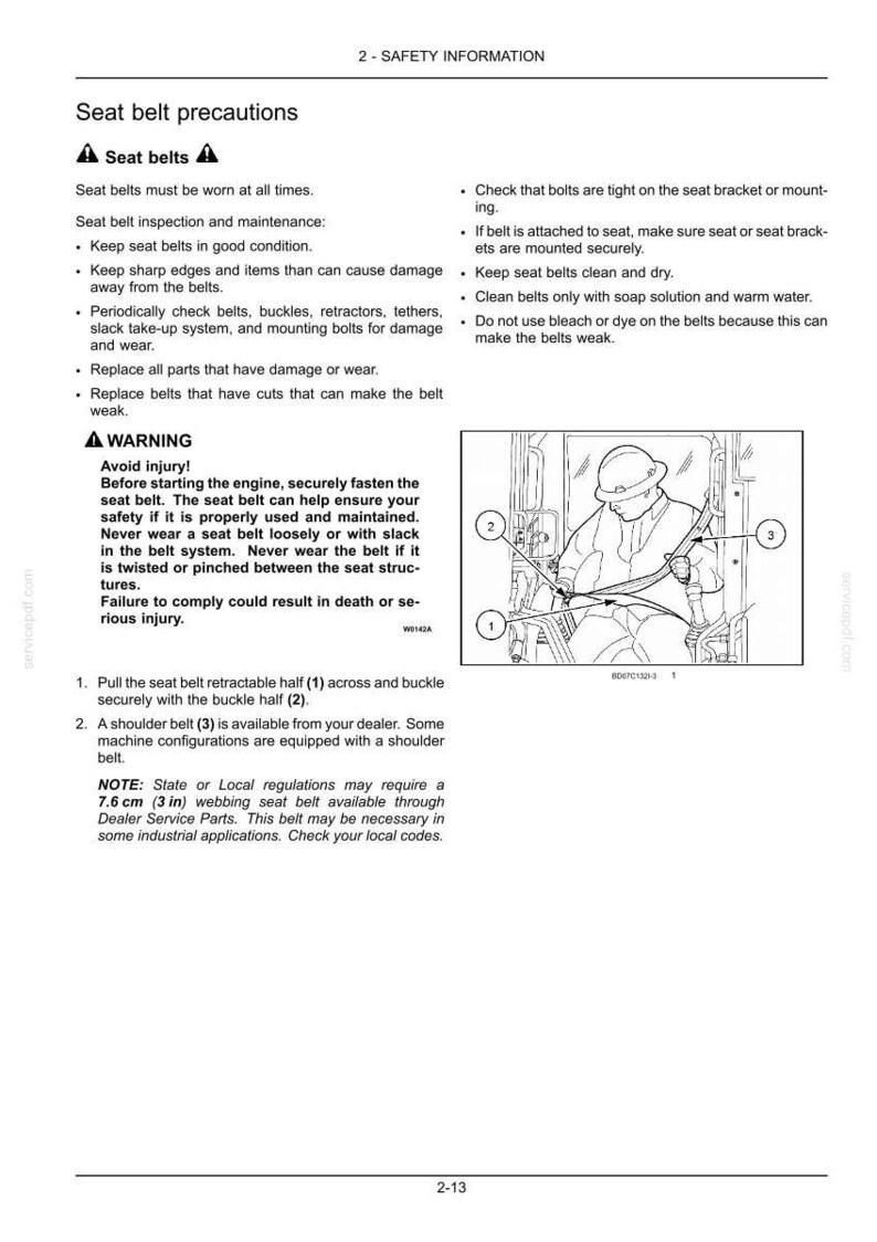 May include: A technical document page titled Seat belt precautions containing safety information, maintenance instructions, and a black and white line drawing illustration of a person wearing a seat belt with numbered parts 1, 2, and 3.