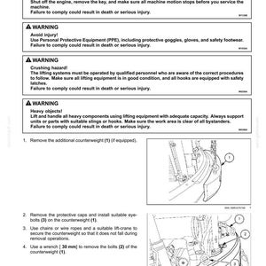 May include: Diagram of counterweight removal instructions. Includes safety warnings about injury, crushing hazards, and heavy objects. Step-by-step guide with illustrations for removing the counterweight, including bolt removal with a 30 mm wrench.