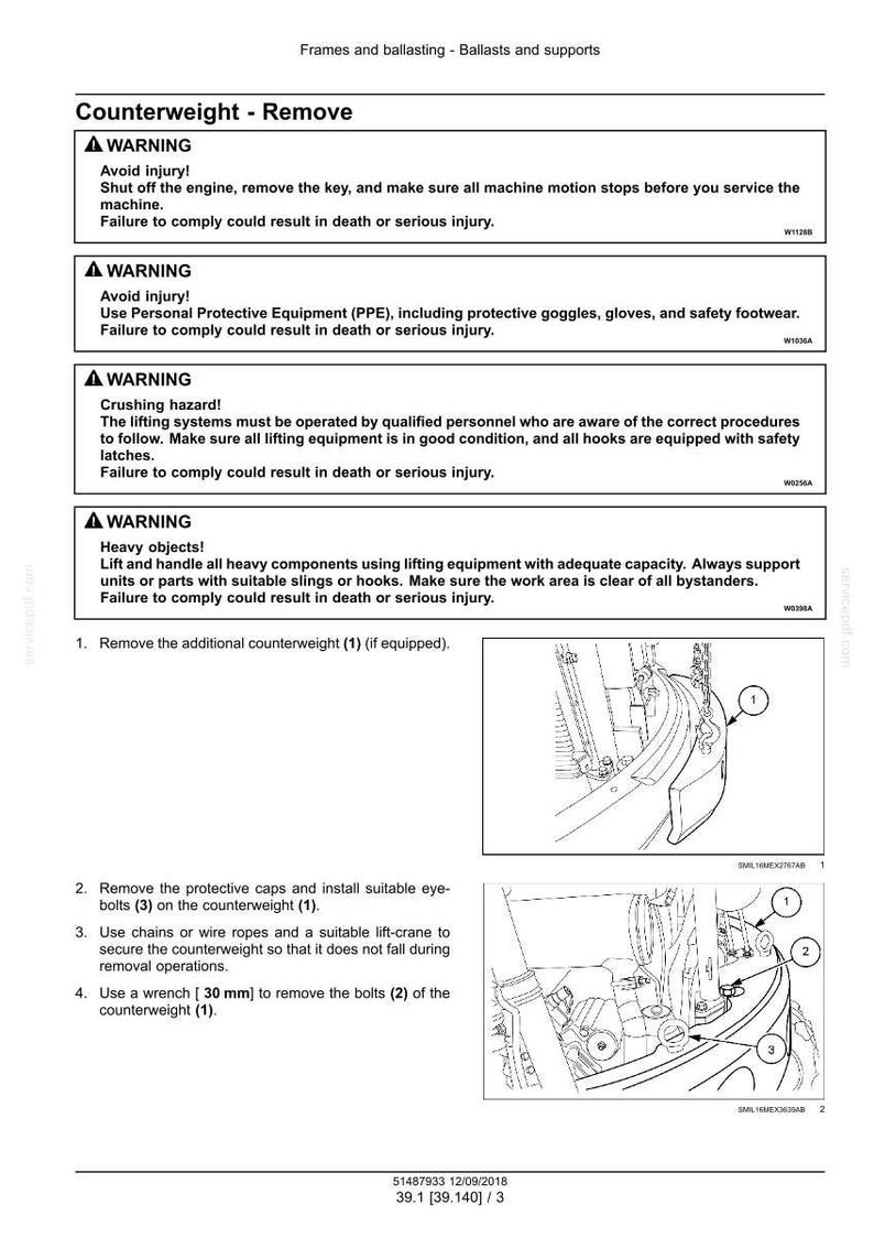 May include: Diagram of counterweight removal instructions. Includes safety warnings about injury, crushing hazards, and heavy objects. Step-by-step guide with illustrations for removing the counterweight, including bolt removal with a 30 mm wrench.
