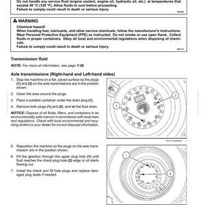 May include: A page from a maintenance manual detailing how to change travel transmission fluid. The page includes warnings about burn and chemical hazards, and instructions for axle transmission maintenance, with diagrams showing plug locations.