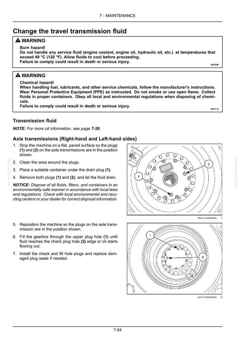 May include: A page from a maintenance manual detailing how to change travel transmission fluid. The page includes warnings about burn and chemical hazards, and instructions for axle transmission maintenance, with diagrams showing plug locations.