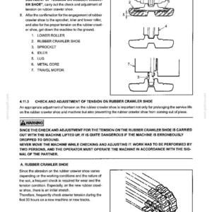 May include: A technical manual page titled 4. MAINTENANCE featuring black and white line drawings of a rubber crawler shoe assembly. Diagrams illustrate components labeled 1 through 7, including the sprocket, idler, and travel motor, with text instructions.