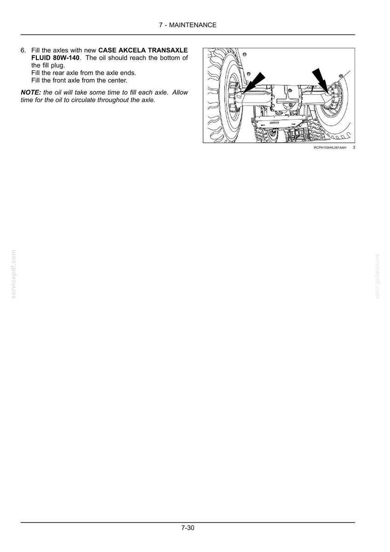 May include: Diagram from a maintenance manual showing the axle of a vehicle. Text indicates instructions for filling the axles with CASE AKCELA TRANSAXLE FLUID 80W-140. The image includes arrows pointing to fill points.