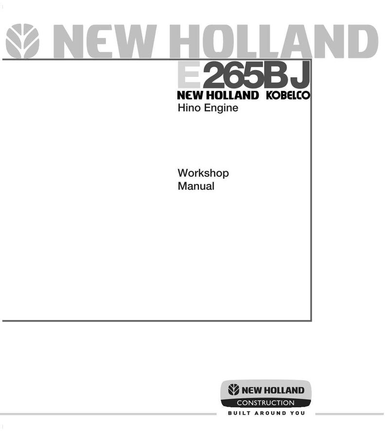 Op de afbeelding: Een witte werkplaatshandleiding met de tekst "NEW HOLLAND E265BJ" en "NEW HOLLAND KOBELCO Hino Engine". De handleiding bevat ook de tekst "Workshop Manual" en het New Holland Construction logo.