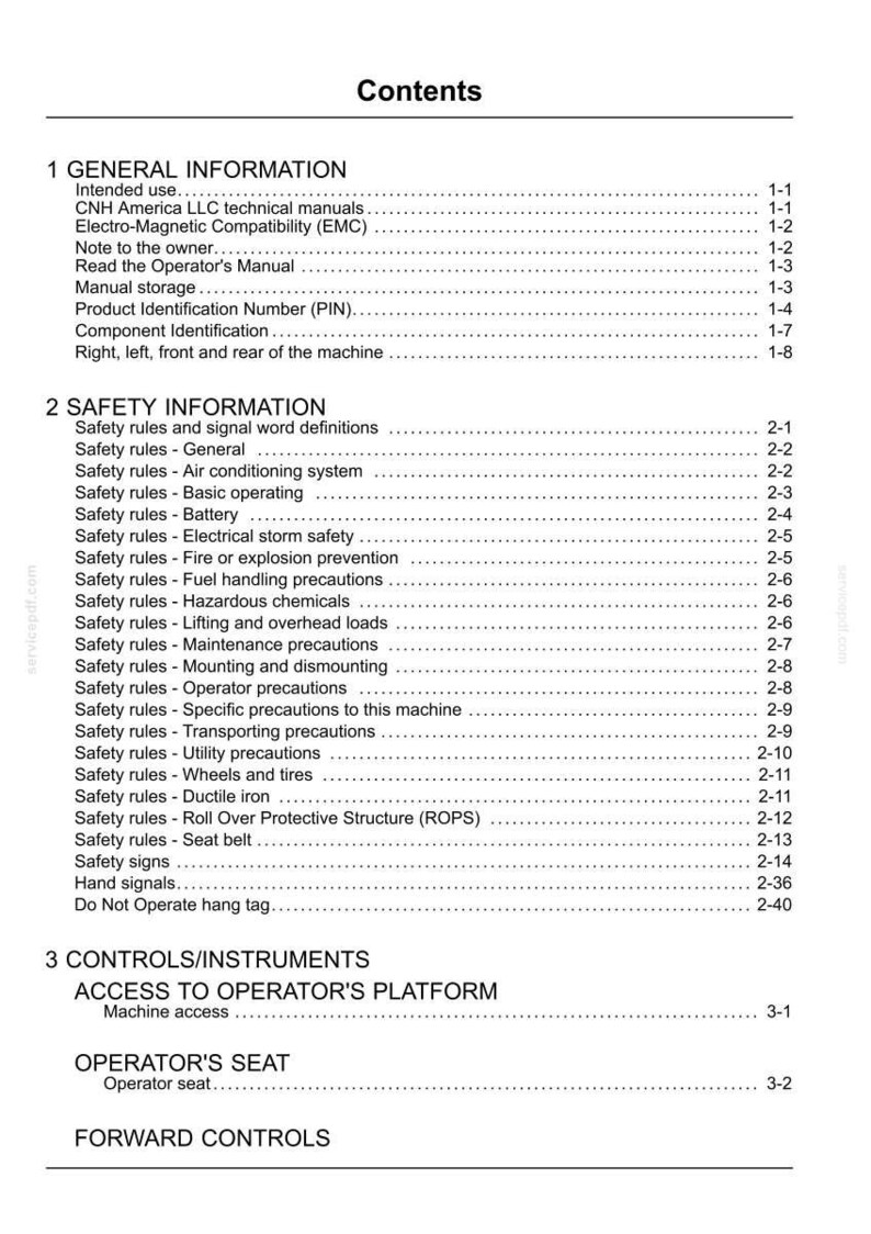 Puede incluir: Una p&aacute;gina de documento titulada "Contenido" con una lista de informaci&oacute;n general y de seguridad. El documento incluye secciones sobre reglas de seguridad, controles e informaci&oacute;n del operador. El texto es negro sobre fondo blanco.