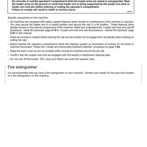 Puede incluir: Una p&aacute;gina de informaci&oacute;n de seguridad titulada "Precauciones espec&iacute;ficas para esta m&aacute;quina". Incluye una advertencia de "PELIGRO" sobre riesgos de aplastamiento e instrucciones para un funcionamiento y mantenimiento seguros. Tambi&eacute;n recomienda tener un extintor.