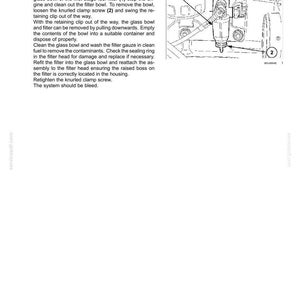 May include: A technical manual page titled 7-MAINTENANCE, Check first stage fuel filter and water trap. It includes a black and white line drawing of a fuel filter assembly with numbered callouts 1 and 2, and detailed text instructions.