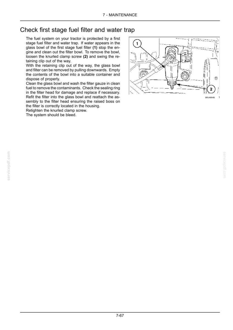 May include: A technical manual page titled 7-MAINTENANCE, Check first stage fuel filter and water trap. It includes a black and white line drawing of a fuel filter assembly with numbered callouts 1 and 2, and detailed text instructions.