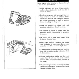 May include: A technical manual page titled TRAVEL PRECAUTIONS with a CAUTION header. It features two black and white line drawings of an excavator and a numbered list of nine safety instructions for operating the machinery on various terrains.