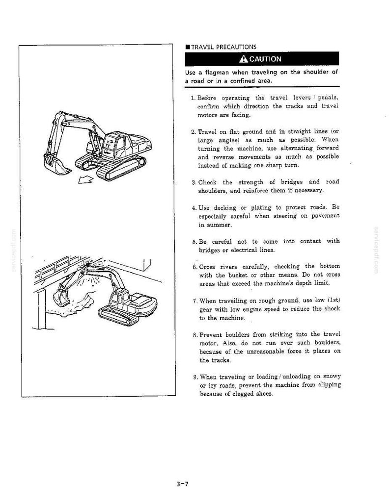 May include: A technical manual page titled TRAVEL PRECAUTIONS with a CAUTION header. It features two black and white line drawings of an excavator and a numbered list of nine safety instructions for operating the machinery on various terrains.