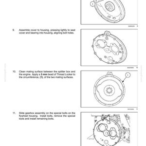 May include: Technical diagram of hydraulic systems components. Includes illustrations of housing and cover plates, splitter box, and gearbox assembly. Instructions detail cleaning, assembly, and sealant application for maintenance and repair.