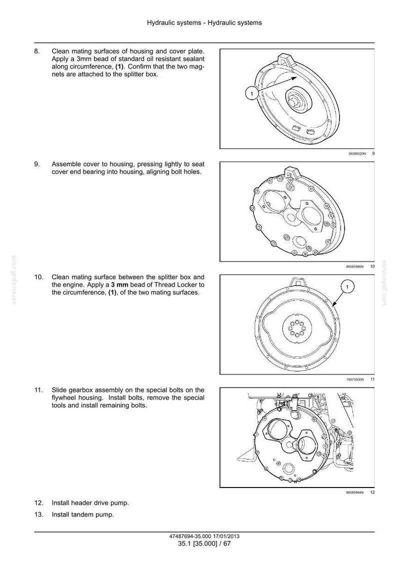 May include: Technical diagram of hydraulic systems components. Includes illustrations of housing and cover plates, splitter box, and gearbox assembly. Instructions detail cleaning, assembly, and sealant application for maintenance and repair.