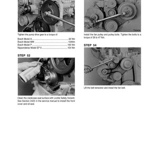 May include: A grayscale image from a service manual showing engine repair steps. The steps include tightening gears, installing belts, and cleaning surfaces. Text includes torque specifications and model numbers.