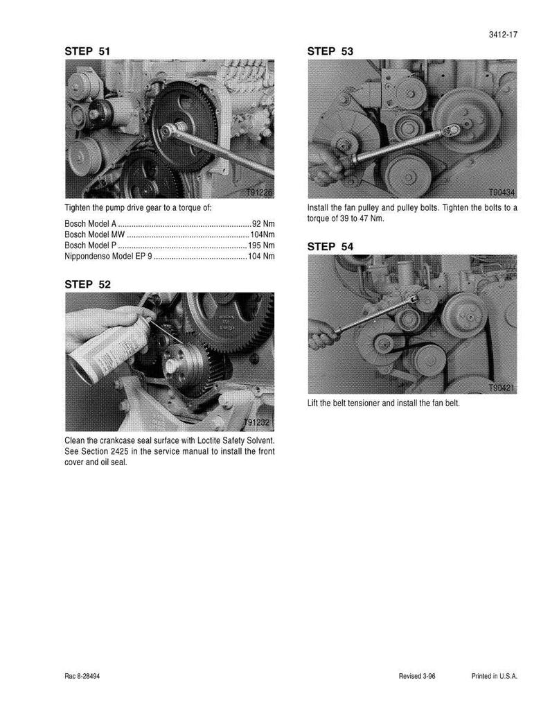 May include: A grayscale image from a service manual showing engine repair steps. The steps include tightening gears, installing belts, and cleaning surfaces. Text includes torque specifications and model numbers.